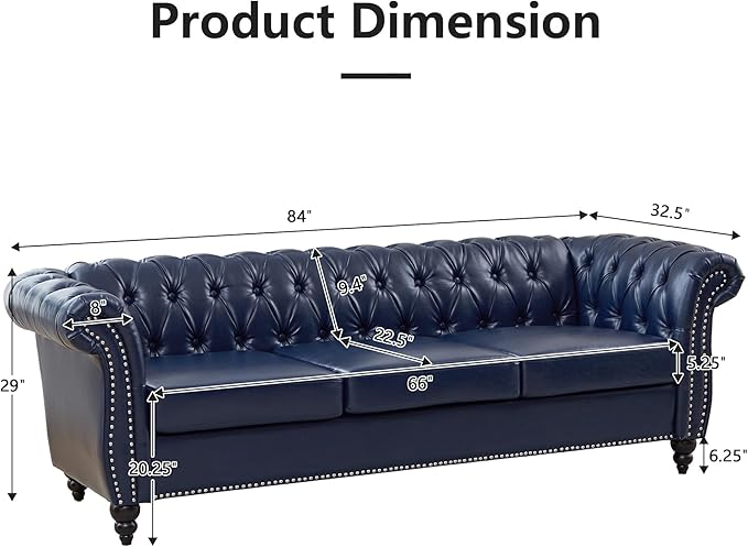 QHITTY Accent Large Sofa, Chesterfield Couch 3 Seater Modern Leather Couch Upholstered Sofa with Tufted Back for Living Room Furniture (Blue)