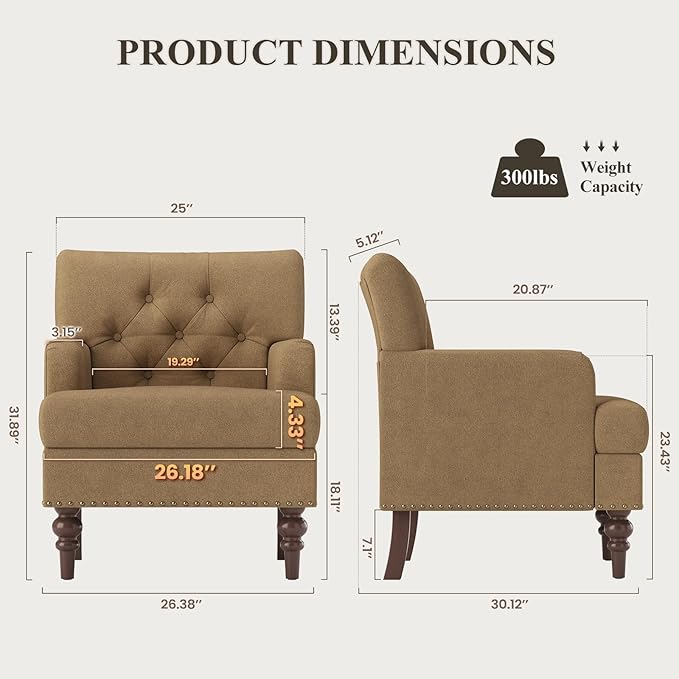 Upholstered Accent Chair with Thick Cushion, High Back Reading Chair, Linen Blend Armchair with Solid Rubberwood Legs for Living Room, Bedroom, Reading Nook, Apartment & Small Spaces,Brown