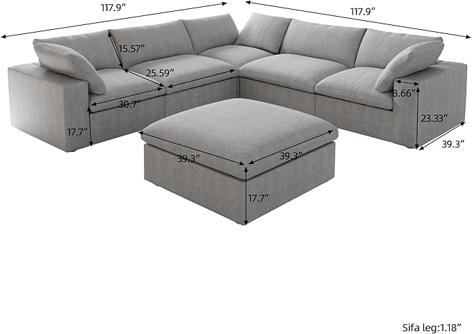 V-Shaped Cloud Sectional Couch, Modular Sectional Sofa, Modern Comfy Cloud Sofa with Storage Ottoman, Covers Removable, Convertible Sleeper Couch for Living Room Apartment (Light Grey, Linen Fabric)