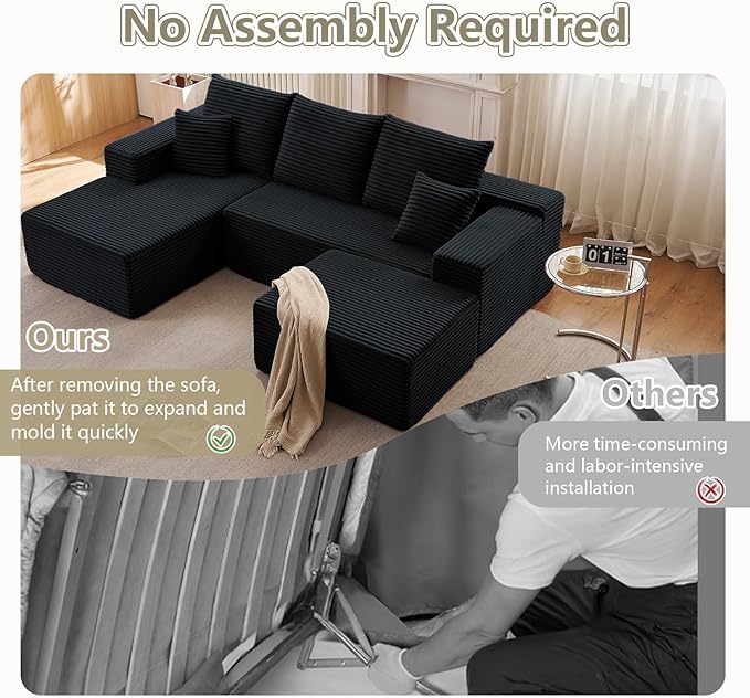 Lakifun 107" L-Shape Sofa with Ottoman, Modern Modular Sectional Comfy U-Shape Cloud Couch, Deep Seat, Upholstered Corduroy Sleeper Chaise Longue for Living Room Bedroom, No Assembly Required, Black