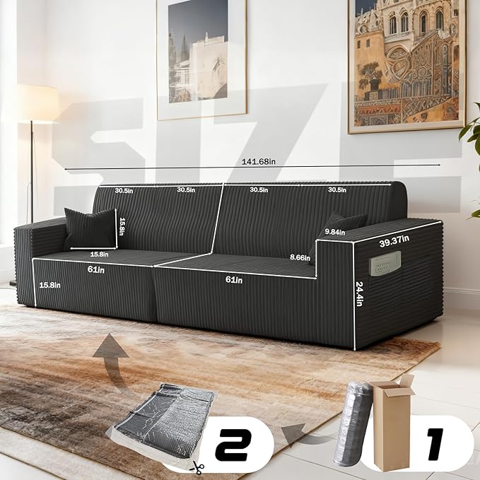 Komusou 142" Boneless Couch, Cloud Modular Sectional Sofa 4-Seat, Modern Upholstered Couches for Living Room Bedroom No Assembly Required (Grey, 4 Seaters)