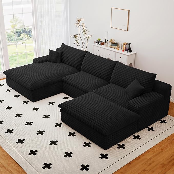 107" Cloud Sectional Couch with U-Shaped Chaise,Corduroy Viral Boneless Sofa with Ottoman,Memory Foam Couches in a Box with Deep Seat for Living Room,No Assembly Required(Jet Black,Left-Facing Chaise)