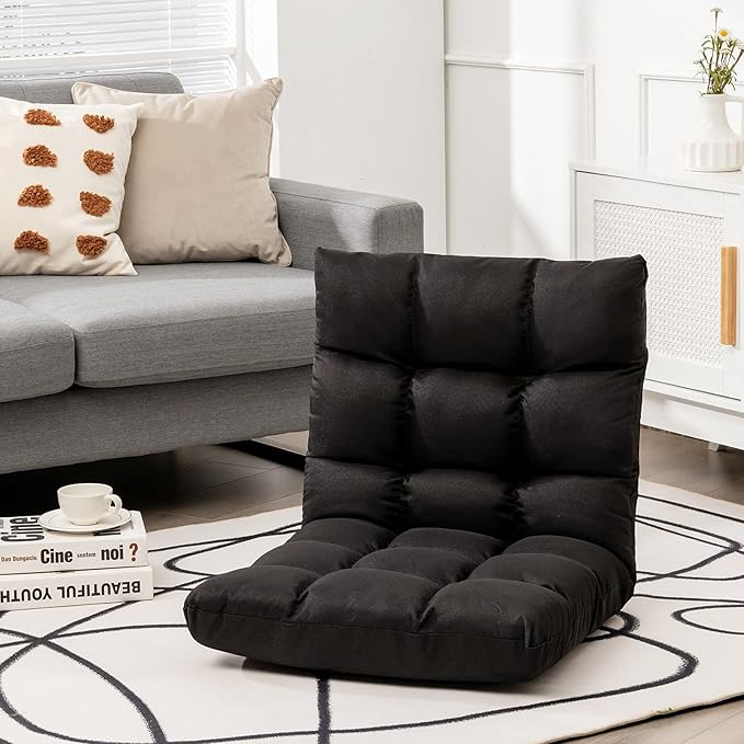 Giantex Adjustable Floor Gaming Sofa Chair 14-Position Cushioned Folding Lazy Recliner High Resilience Sponge, Breathable Cotton & Linen Fabric Sleeper Bed Couch Recliner with Removable Cover (Black)