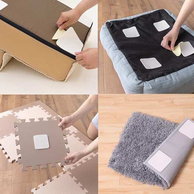 Rug Pad Gripper for Hardwood Floor Non-Slip Vacuum Tech Invisible Grippers for Carpet Anti Skid Self Adhesive Area Rug Pad for Tile Washable Cuttable Reusable Rug Tape 10x10cm