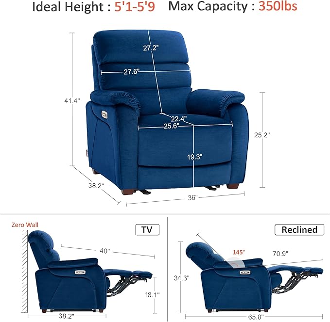 MCombo Power Zero Wall Hugger Recliner Chair for Small Space RV Living Room, Power Recliner with Adjustable Headrest, USB & USB-C Charging Ports, Fabric ST257 (Navy Blue)