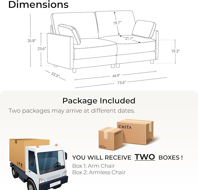CHITA Modular Sectional Loveseat Sofa, Modern Cloud Couch for Living Room and Apartment, 2 Seat Extra Comfty Sofa, Removable Cover, Easy Assembly for Small Spaces, 73.6 Inch Width, Cream
