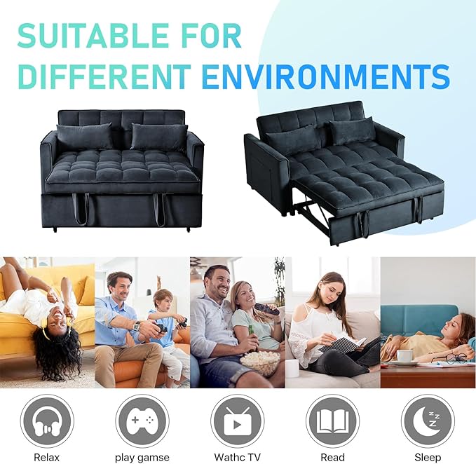 3 in 1 Convertible Sleeper Sofa Bed, Futon Couches for Living Room with Side Pocket | Adjustable Backrest| Velvet Fabric | Pull Out Couch | Love seat Sofa|2-seat Sofa Bed (Black)
