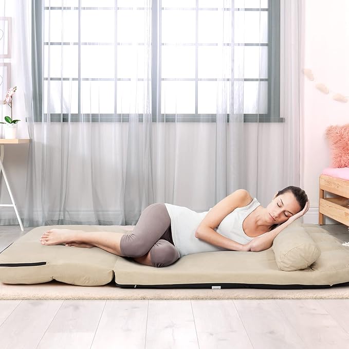KOMFOTT Adjustable Floor Sofa Bed, Foldable Lazy Sofa Sleeper with 6 Position Backrest & 2 Pillows, Convertible Futon Couch with Suede Cloth Cover, Lounge Recliner for Living Room