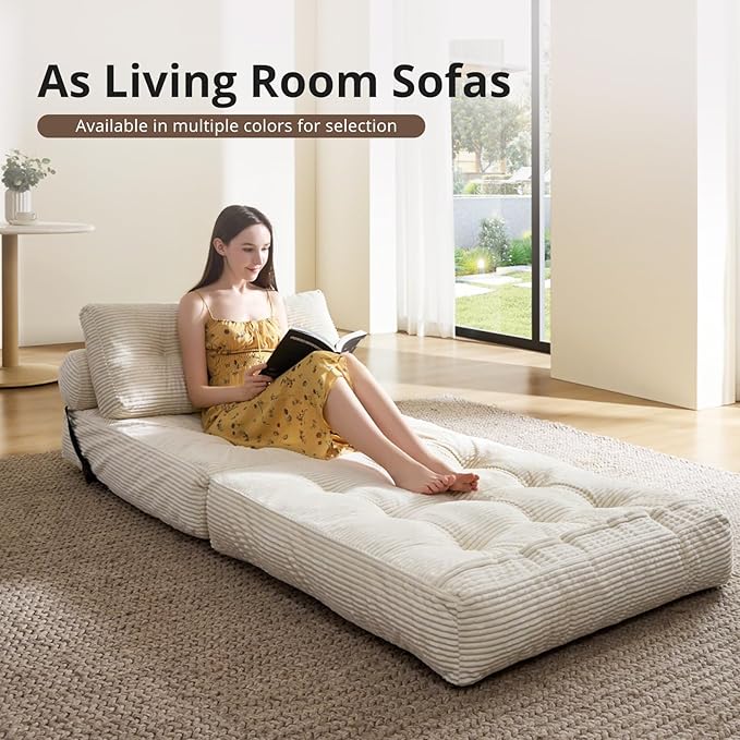 Convertible Sofa & Couch Bed - Oversized Adult Sleeper Chair & Bean Bag Chair, Foldable Floor Bed with Backrest, Comfortable Lazy Sofa for Bedroom, Living Room & Dorm (White, Single)