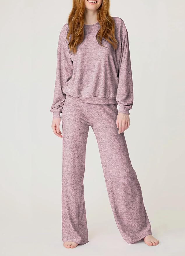 Aamikast Women's 2-Piece Lounge Set Soft Brushed Jersey Sleepwear Pajamas Set Long Sleeve Top & Wide Leg Pants