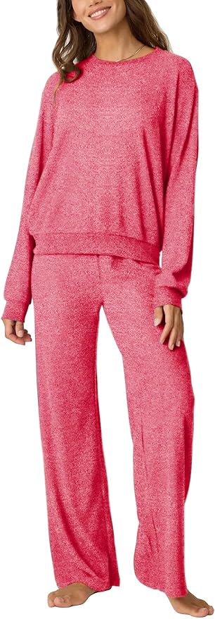Aamikast Women's 2-Piece Lounge Set Soft Brushed Jersey Sleepwear Pajamas Set Long Sleeve Top & Wide Leg Pants