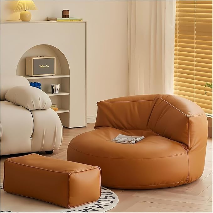 Bean Bag Chairs for Adults, Faux Leather Bean Bag Sofa, Ergonomic Support & Easy Clean with Wet Wipes, DIY Filling for Living Room, Bedroom, Garden Floor Seating (B)