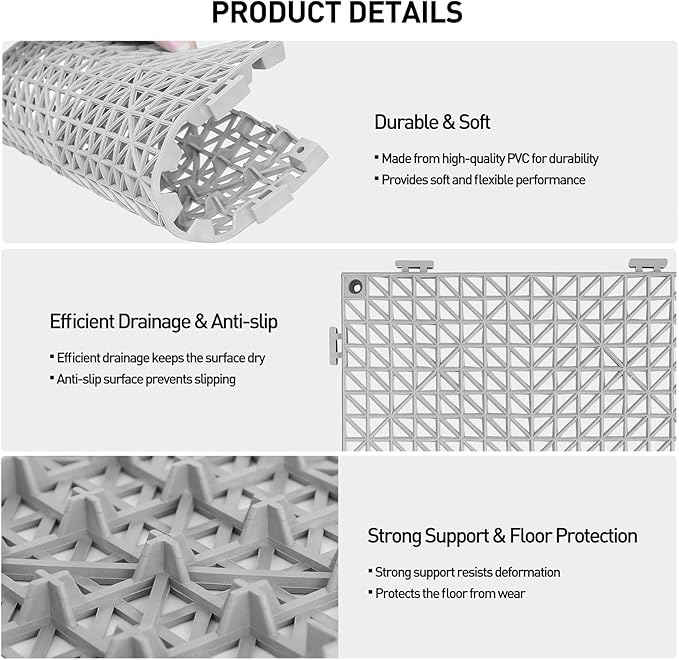 MAXWAVE 18 Pack 12" x 12" Modular Interlocking Floor Mats, Soft PVC Non-Slip Drainage Tiles, Splicing Rubber Cushion Flooring for Deck, Shower, Pool, Basement, Shed, Indoor and Outdoor Use