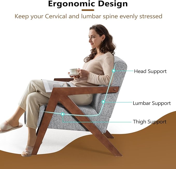 Bonzy Home Mid-Century Modern Accent Chair with Solid Wood Frame, Upholstered Armchair for Bedroom & Living Room,Reading Side Chair with Soft Lien Fabric Cushion,Easy Assembly