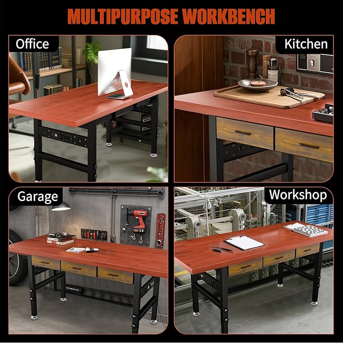 Work Bench, 60" Heavy Duty Workbench, Adjustable Height Work Table with Drawers & Power Strip, 2000LB Capacity, Solid Rubber Wood Garage Workbench, Wood Working Bench, Workshop Desk