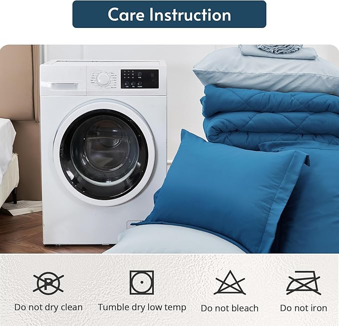 MUXHOMO 7 Pieces Queen Comforter Set, Reversible Bed in a Bag Queen Size, All Season Bedding Set with Comforter, Flat Sheet, Fitted Sheet, Pillowcases & Shams, Teal & Lake Blue