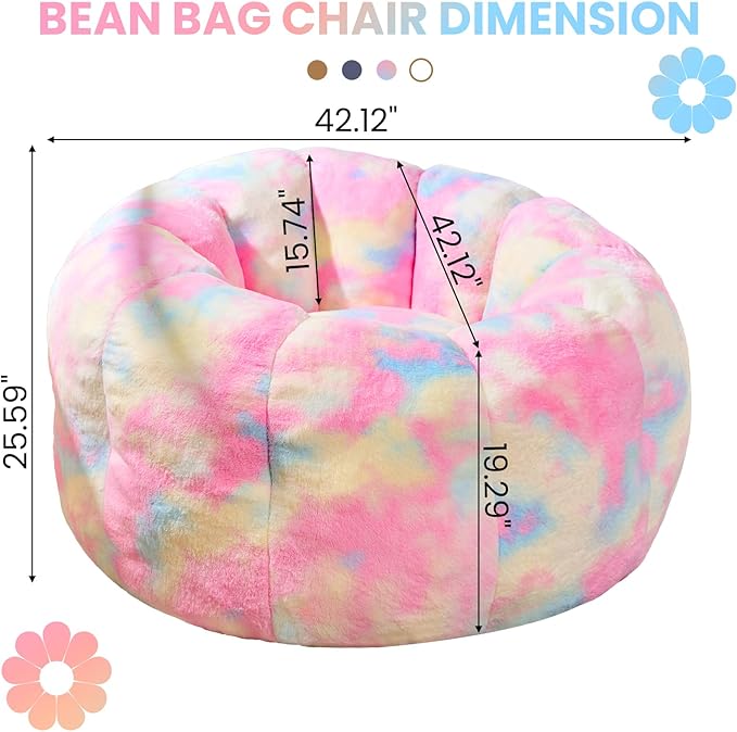 Giant Bean Bag Chair, Faux Fur Adults Beanbag with Petal Armrest Oversize Colorful Chair for Teens Bedroom, Living Room, Dorm, Game - Rainbow, X-Large, High Support