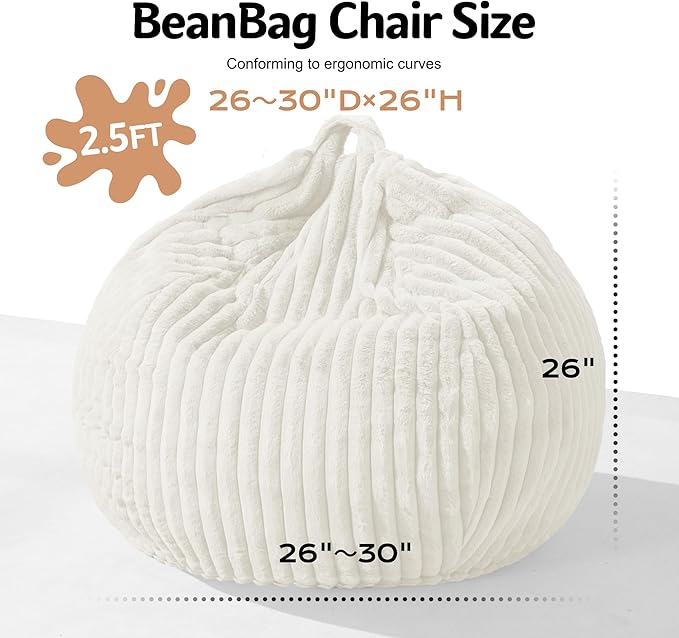 Homguava 2FT Bean Bag Chair, 2' Small Bean Bags with Memory Foam Filled, Beanbag Chairs with Machine Washable Cover Dutch Corded Plush Cover for Classroom,Living Room,Bedroom-White