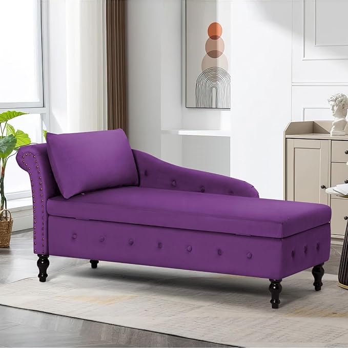 ACMEASE Velvet Chaise Lounge with Left Armrest & Storage Space,Button Tufted Lounge Chair w/Lumbar Pillow,Modern Upholstered Lounge Chair for Bedroom, Living Room and Office,Purpel