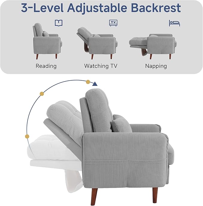 Lumibee Accent Chair with Storage Ottoman, Upholstered Comfy Reading Chair with Adjustable Reclining Backrest, Corduroy Fabric Lounge Chair Armchair for Living Room Bedroom, Gray