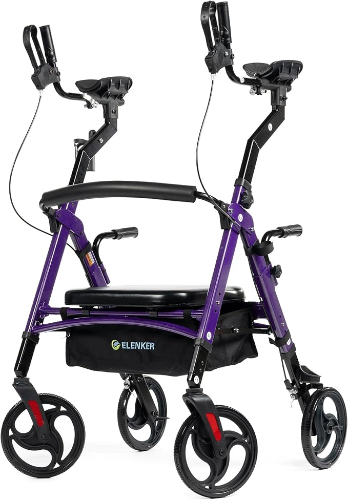 ELENKER Heavy Duty Upright Walker with Extra Wide Padded Seat and Backrest, Aluminum Bariatric Stand Up Rolling Walker, 10” Wheels, Fully Adjustment Frame, Support up to 500 lbs for Seniors, Purple