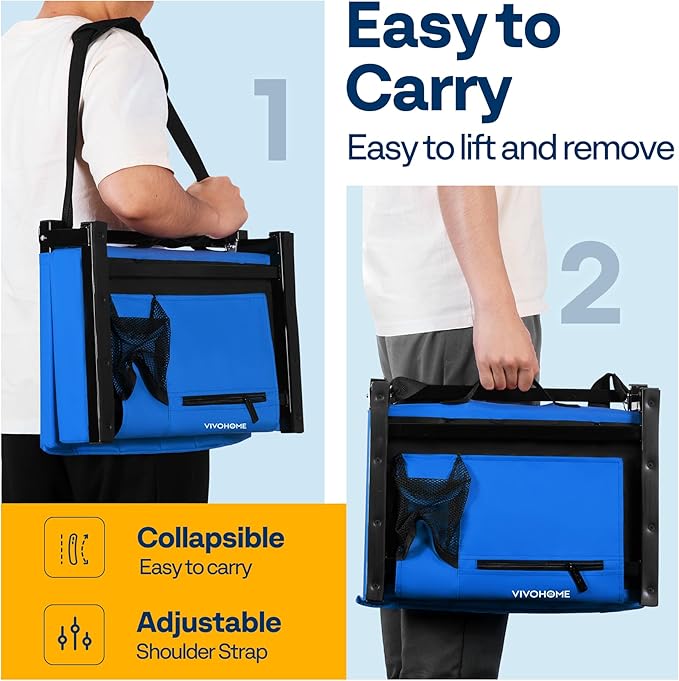 VIVOHOME 2 Pack Stadium Seats with Back Support and Cushion, Portable Bleacher Chair with Cup Holder and Shoulder Strap Blue