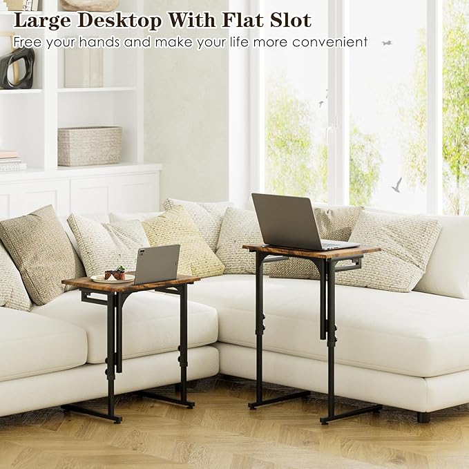 Fleecy day Adjustable Folding TV Tray Table,TV Dinner Small Foldable C-Shaped End Table for Eating,6 Height Adjustable Slide Under Couch Side with Sturdy MDF Top,No Assembly(Brown)