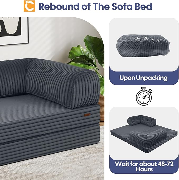 COMAX Futon Sofa Bed, 4-in-1 Floor Foldable Sofa Couch Bed Queen with L-Shaped Armrests, Convertible Folding Chair Bed Sleeper Mattress Fold Out Comfy Lounge for Living Room Bedroom, Faux Fur Ash Gray