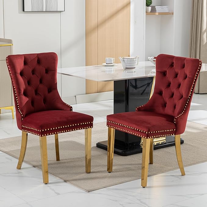 YeahFurn Mid Century Modern Dining Chairs Set of 2, Red Velvet Upholstered Tufted Back, Kitchen & Dining Room Chairs, Gold Metal Legs, Nailhead Trim, Sillas para Comedor (Red, 2 Pcs)