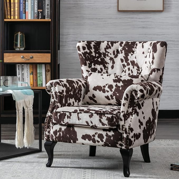 DM Furniture Mid Century Accent Chair Modern Button Tufted Armchair Wingback Club Chair Velvet Single Sofa Lounge Chair with Pillow for Living Room Bedroom, Cowhide Print