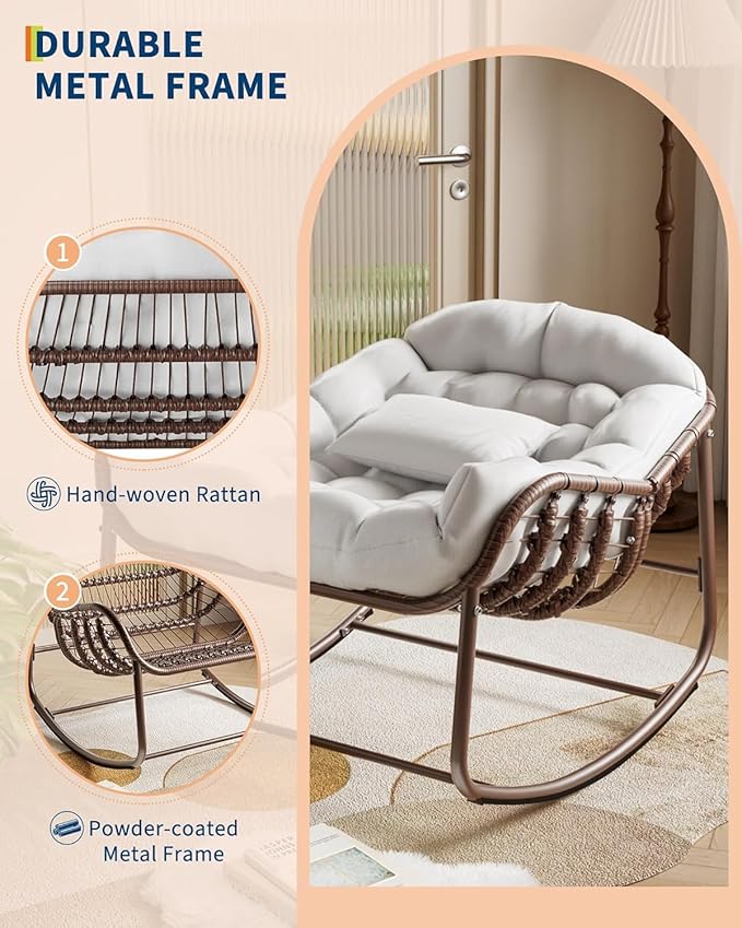 DEXSO Oversized Papasan Rocking Chair - Outdoor Wicker Lounge Chair with Cushion & Metal Frame, Patio Rattan Egg Rocker for Balcony, Backyard, Porch & Bedroom, White