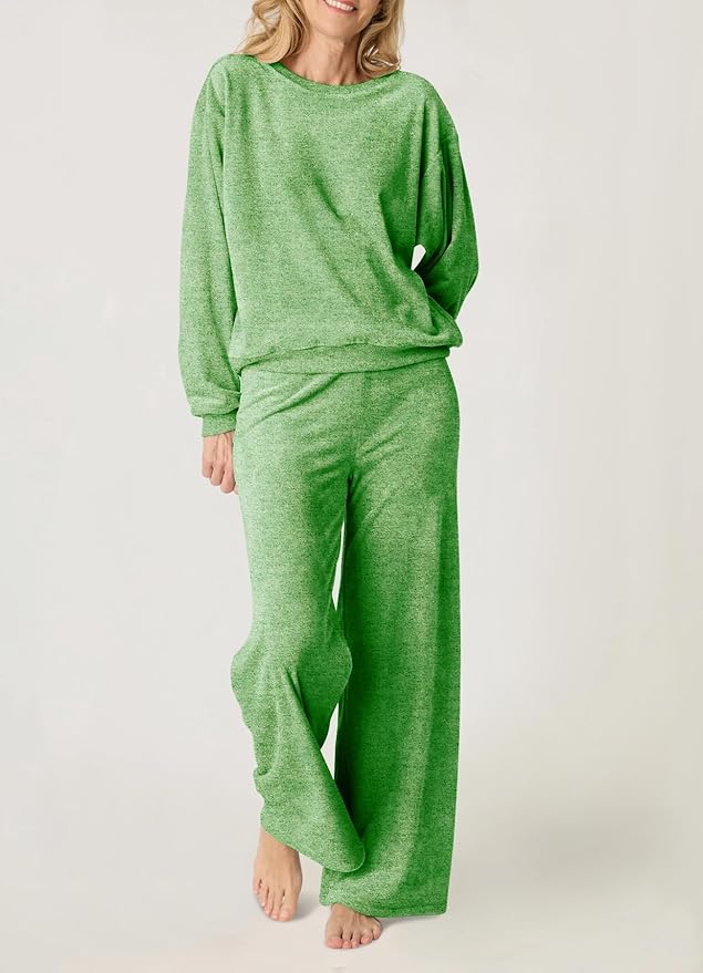 Aamikast Women's 2-Piece Lounge Set Soft Brushed Jersey Sleepwear Pajamas Set Long Sleeve Top & Wide Leg Pants