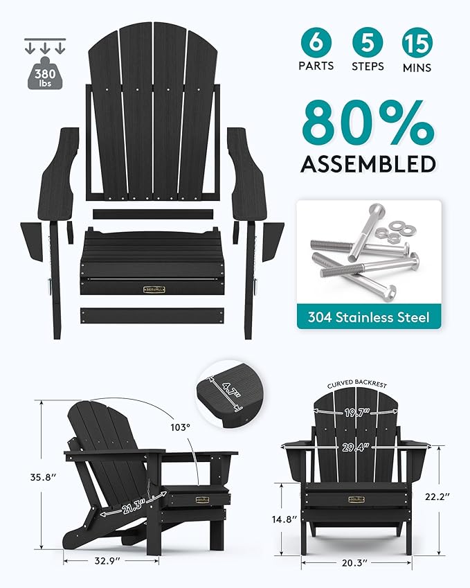 SERWALL Foldable Adirondack Chair Set of 4 for Patio Garden Outdoors Fire Pit-Black