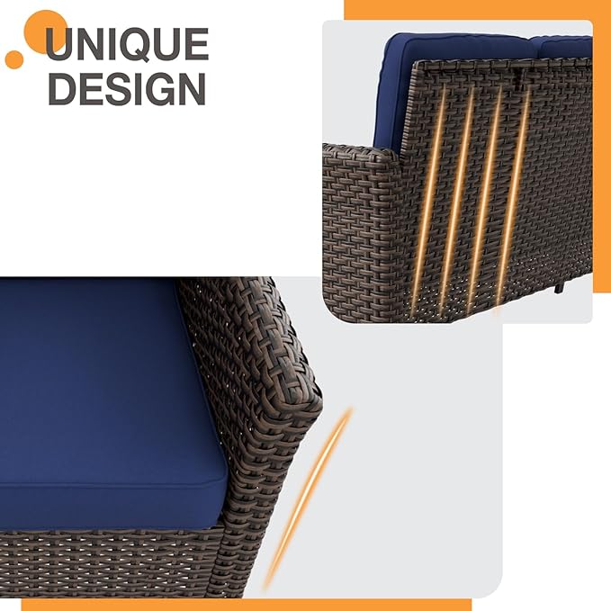 COOS BAY Harbor Retreat 3 Piece Outdoor Furniture Set, Patio Conversation Set with 3 Seat Couch and Ottomans, Wicker Furniture, Brown/Blue