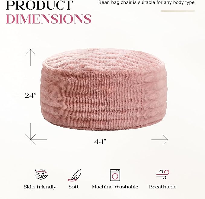 Hobestluk Bean Bag Chairs Beanbag Chair with Filler Adult Bean Bags with Fluffy Ripple Cover, Giant Bean Bag Chairs for Adults (Pink, 4FT - 44" x 44" x 24")