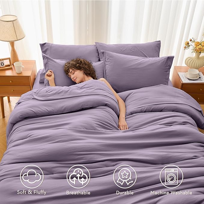MUXHOMO 7 Pieces King Comforter Set, Soft Bed in a Bag King Size, All Season Bedding Set with Comforter, Flat Sheet, Fitted Sheet, Pillowcases & Shams, Greyish Purple