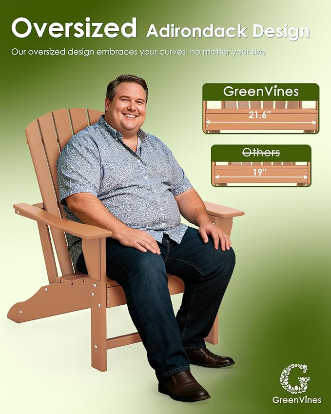GREENVINES Adirondack Chair | HDPE Plastic | Oversized Fire Pit Chairs | All Weather | Teak | Poly Lumber | for Outdoor Deck Backyard Patio Garden