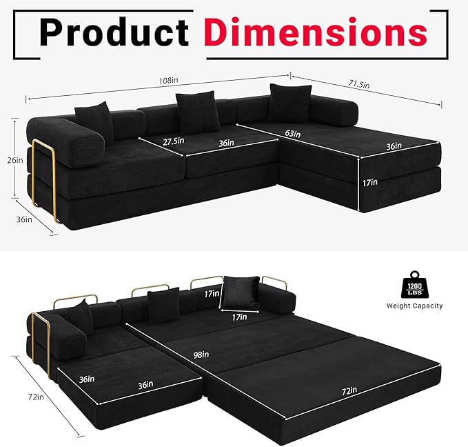 108" Convertible Sleeper Sofa Bed, Corduroy Folding Sofa Bed with Fixed-Shape Frame, Fold Out Floor Mattress Couch, Lazy Compression Sofas for Living Room, Bedroom, No Assembly Required,Black
