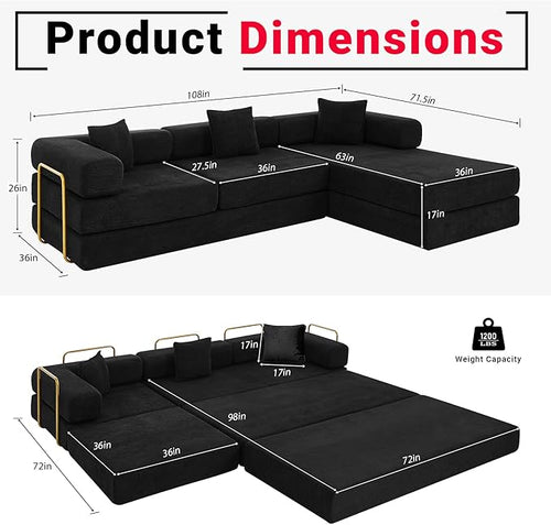 108" Convertible Sleeper Sofa Bed, Corduroy Folding Sofa Bed with Fixed-Shape Frame, Fold Out Floor Mattress Couch, Lazy Compression Sofas for Living Room, Bedroom, No Assembly Required,Black