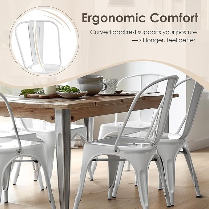 Metal Dining Chairs Set of 4,Stackable Tolix Chair Indoor/Outdoor for Kitchen,Cafe,Restaurant,Bistro & Patio Multiple Colors(White)