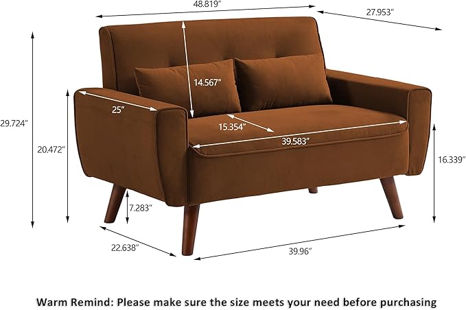 48" Loveseat Sofa, 2 Seater Love Seat Mid Century Modern Small Couches for Living Room Bedroom Apartment, 2 Throw Pillows and Plastic Legs, Orange