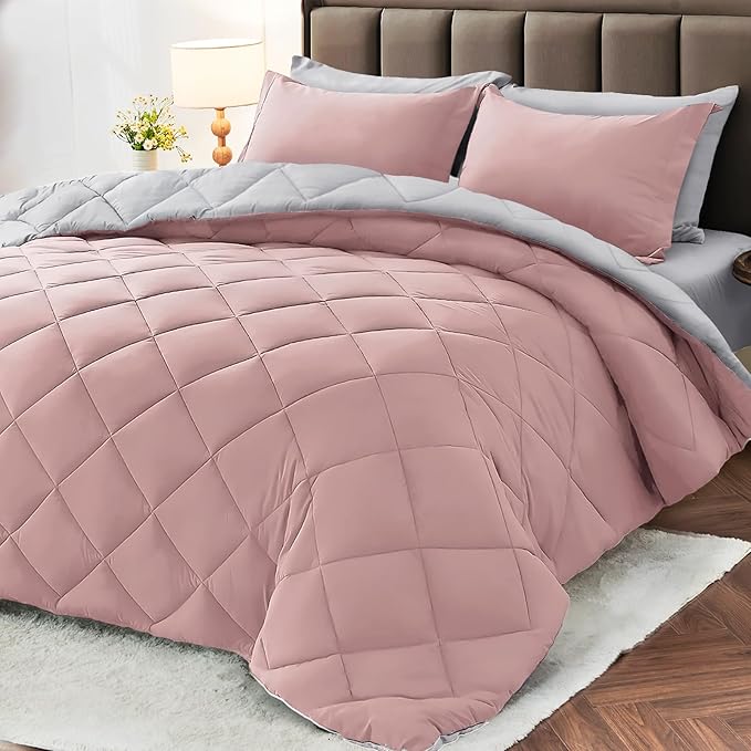 MUXHOMO 5 Pieces Twin XL Comforter Set, Reversible Bed in a Bag Twin XL Size, All Season Bedding Set with Comforter, Flat Sheet, Fitted Sheet, Pillowcases & Shams, Pink & Light Grey