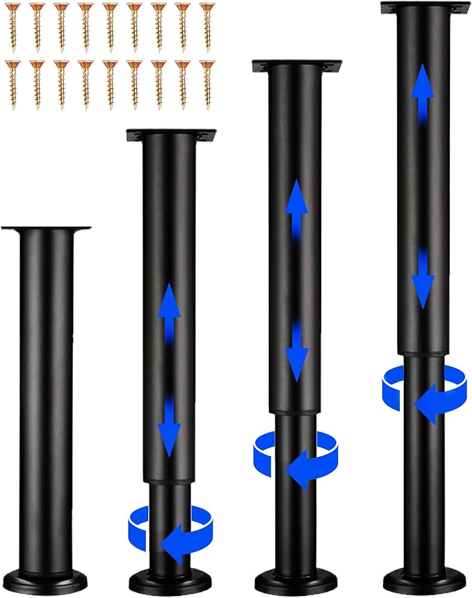 Olldag 4 Pcs Adjustable Height Bed Support Furniture Legs [with Screws] for Bed Frame,Metal Adjustable 10-17inch for Bed/Sofa/Cabinet/Couch/Dresser/Table -Heavy Bed Replacement Legs (Black)