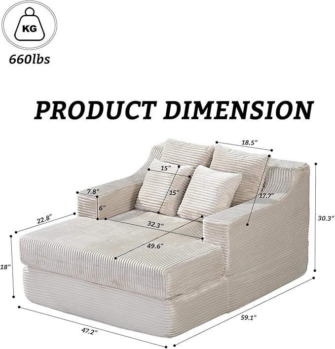 47" Boneless Chaise Lounge Chair Indoor,No Assembly Single Sleeper Upholstered Boneless Couch with 4 Pillows,Comfy Pet Friendly High Weight Capacity Foam for Bedroom,Living Room,Study Room,Beige