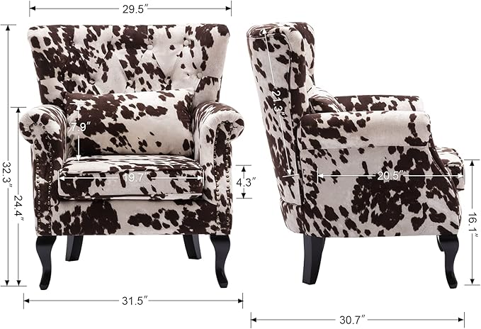 Janoray Mid Century Modern Accent Chair Upholstered Armchair Comfy Cowhide-Print Fabric Single Sofa with Tufted Wingback for Small Spaces Bedroom Living Room, Cow