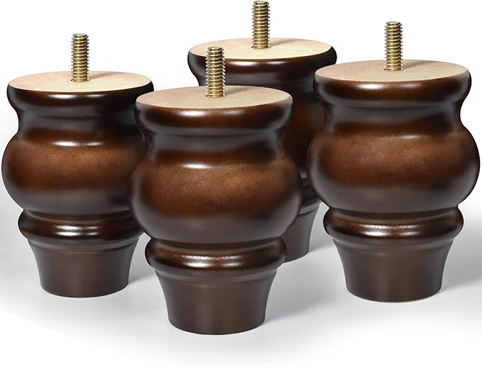 AORYVIC Furniture Legs, Wood Sofa Legs, Turned Couch Legs, Round Furniture Feet for Dresser, Sideboard, Recliner, Coffee Table (Dark Brown, 4 inch)