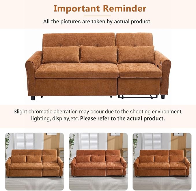 Gagawin 2 in 1 Convertible Sofa Bed with Reversible Recliner, Chenille 3-Seater Couch Sleeper with Pull Out Bed & Adjustable Backrest & Dual USB Charging Ports for Living Room, Brown