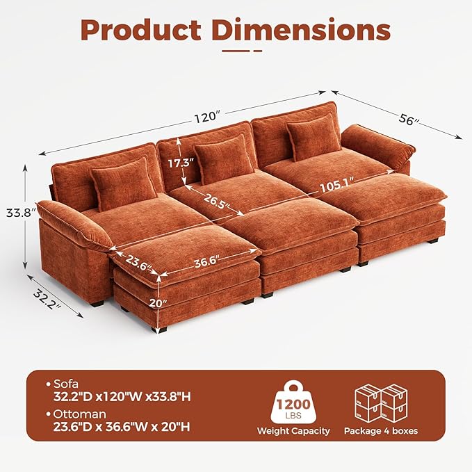 CDCASA 120" Oversized Modular Sectional Sofa Bed, Comfy Cloud Couch w/ 3 Movable Ottomans, 6-Seater Chenille Deep Seat Sofa Bed Modern Sofa Couch for Living Room, DIY Combination, Terracotta Orange