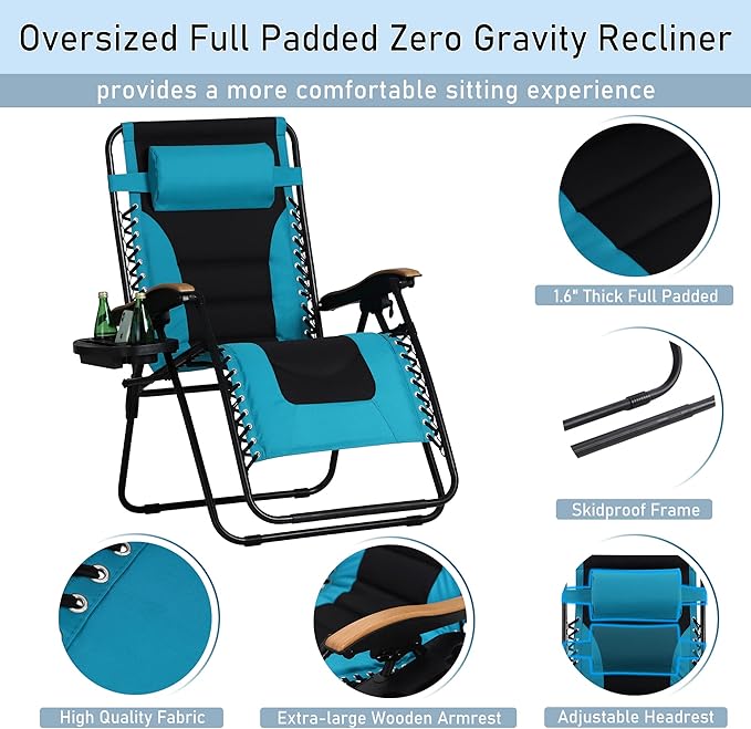 PHI VILLA XXL Oversized Padded Zero Gravity Chair Set of 2, Foldable Patio Recliner, 30" Wide Seat Anti Gravity Lounger with Armrest and Cup Holder, Support 400 LBS (Aqua Blue)