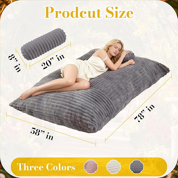 5 in 1 Bean Bag Chair with A Roll Pillow,Giant Bean Bag Chairs for Adults,Ultra Soft & Machine Washable Cover,Convertible Sofa Bed Floor Couch Lounger for Living Room,Bedroom
